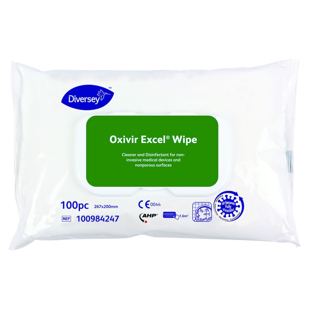 Oxivir Excel Wipe 12x100Stk. - 200 x 270mm - Reinigende Desinfektionstücher mit breitem Wirkungsspektrum für nicht invasive medizinische Produkte und glatte Oberflächen