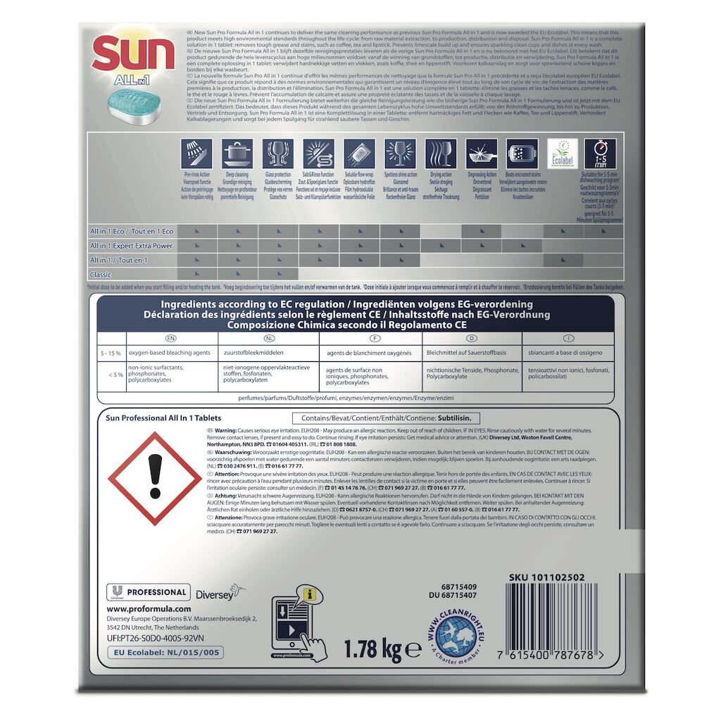 Sun Pro Formula All in 1 Tablets 4x102Stk. - Spülmaschinentabletten all in 1, mit integriertem Klarspüler und Salzfunktion, geeignet für Haushaltsgeschirrspüler.