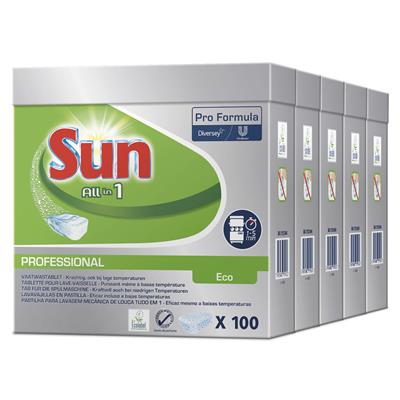 Sun Pro Formula All in 1 Eco Tablets 5x100Stk. - EU-Umweltzeichen-Geschirrspülertabletten all in 1, mit integriertem Klarspüler und Salzfunktion, geeignet für Haushalts- und gewerbliche Geschirrspüler mit 1-5 Minuten Spülgang.